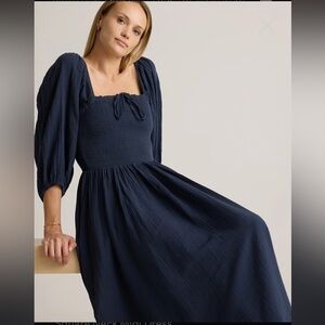 100% Organic Cotton Gauze Smocked Square Neck Midi Dress